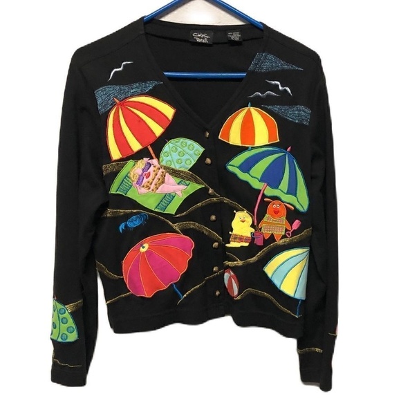 Vintage Christina Rotelli Black Beach Anamorphic Animals Cardigan Top Medium - Picture 1 of 7